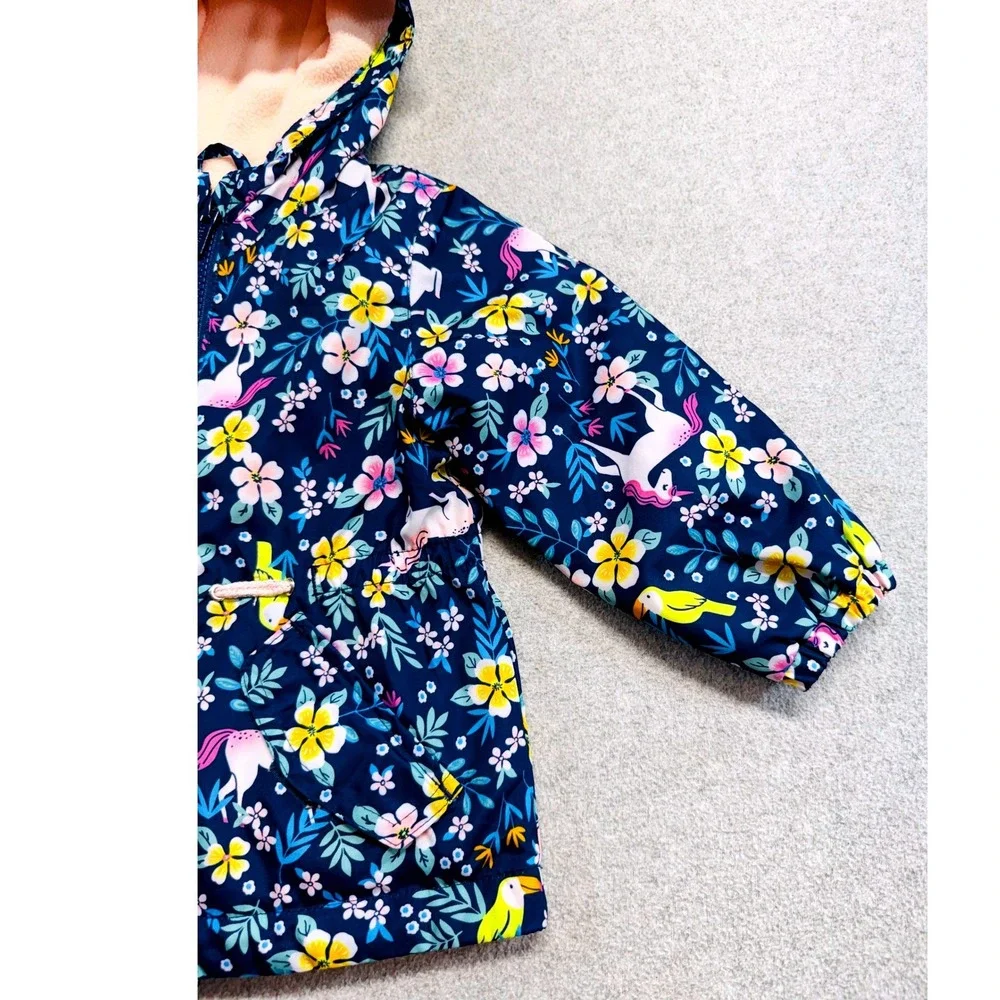 Carter's Hooded Jacket Baby Girls 12m Navy Blue Floral Unicorn Toucan Fleece